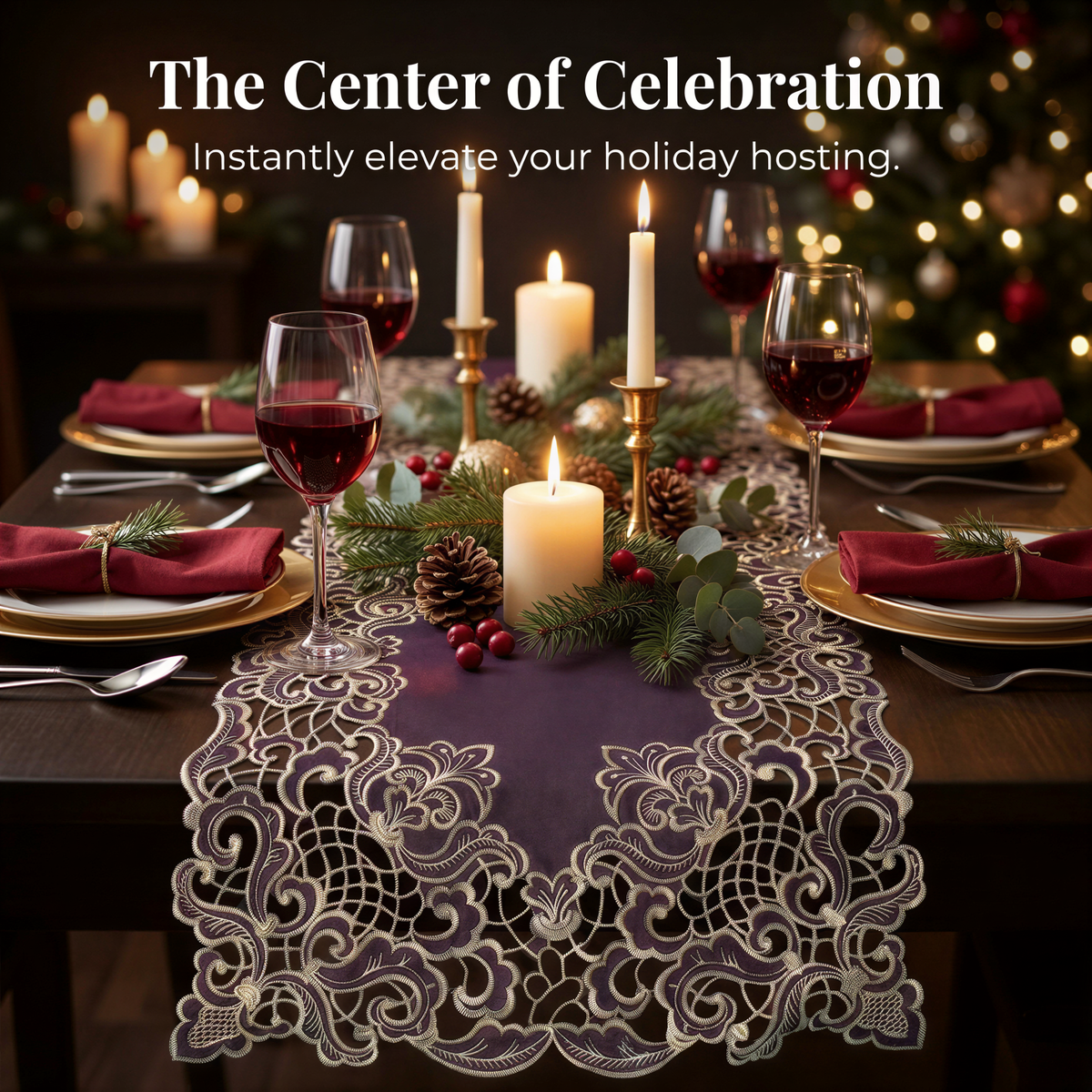 a beautifully set table for a holiday celebration, with a lace runner, candles, wine glasses, and red napkins.