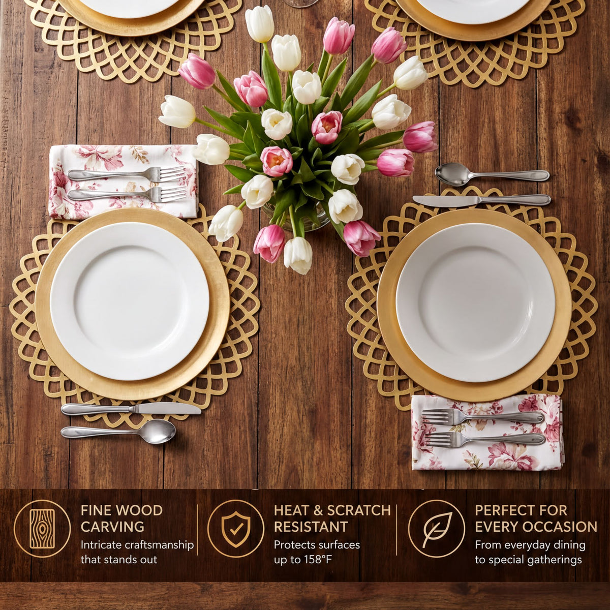 a beautifully set dining table with a vase of pink and white tulips, gold place mats, and place settings with white plates and gold rims.