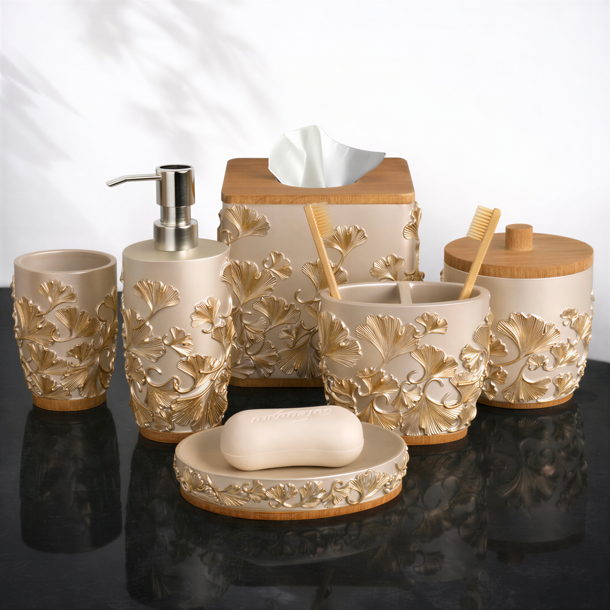 Set of six modern bathroom décor accessories from the Valencia Collection by AH7011, including soap dispensers and matching holders.