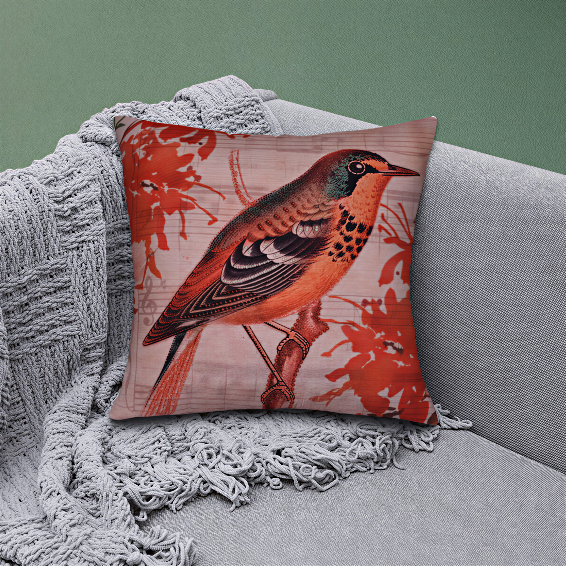 A decorative throw pillow with a vibrant illustration of a bird perched on a branch, featuring a mix of red and orange hues.