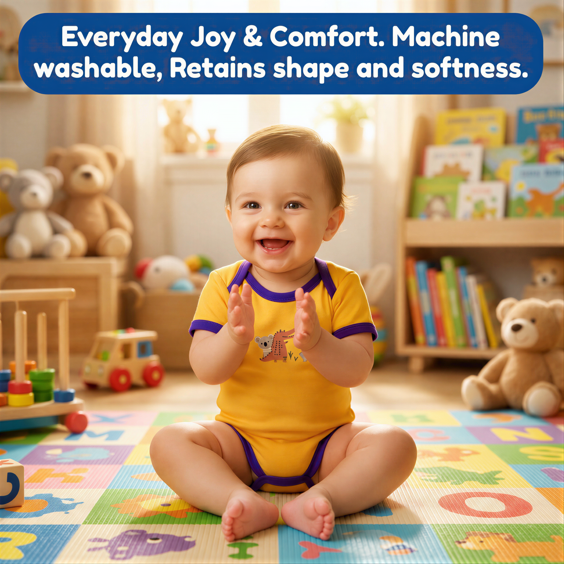 A smiling baby in a yellow onesie sits on a colorful play mat surrounded by toys and books in a cozy, well-lit room.