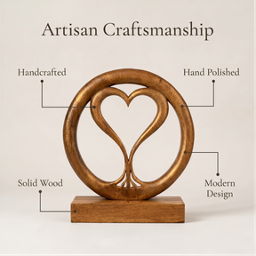 a wooden sculpture with a heart-shaped design, showcasing the artisan's craftsmanship.