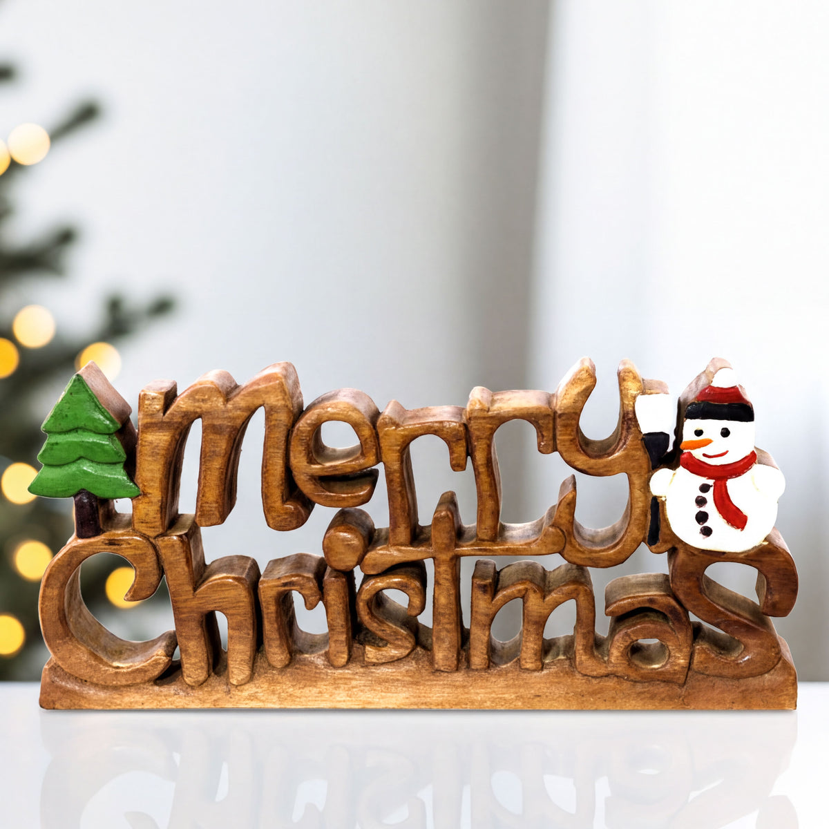 Handmade wooden Yuletide Charm sculpture, festive Christmas home decor piece by LAY006, showcasing detailed craftsmanship.