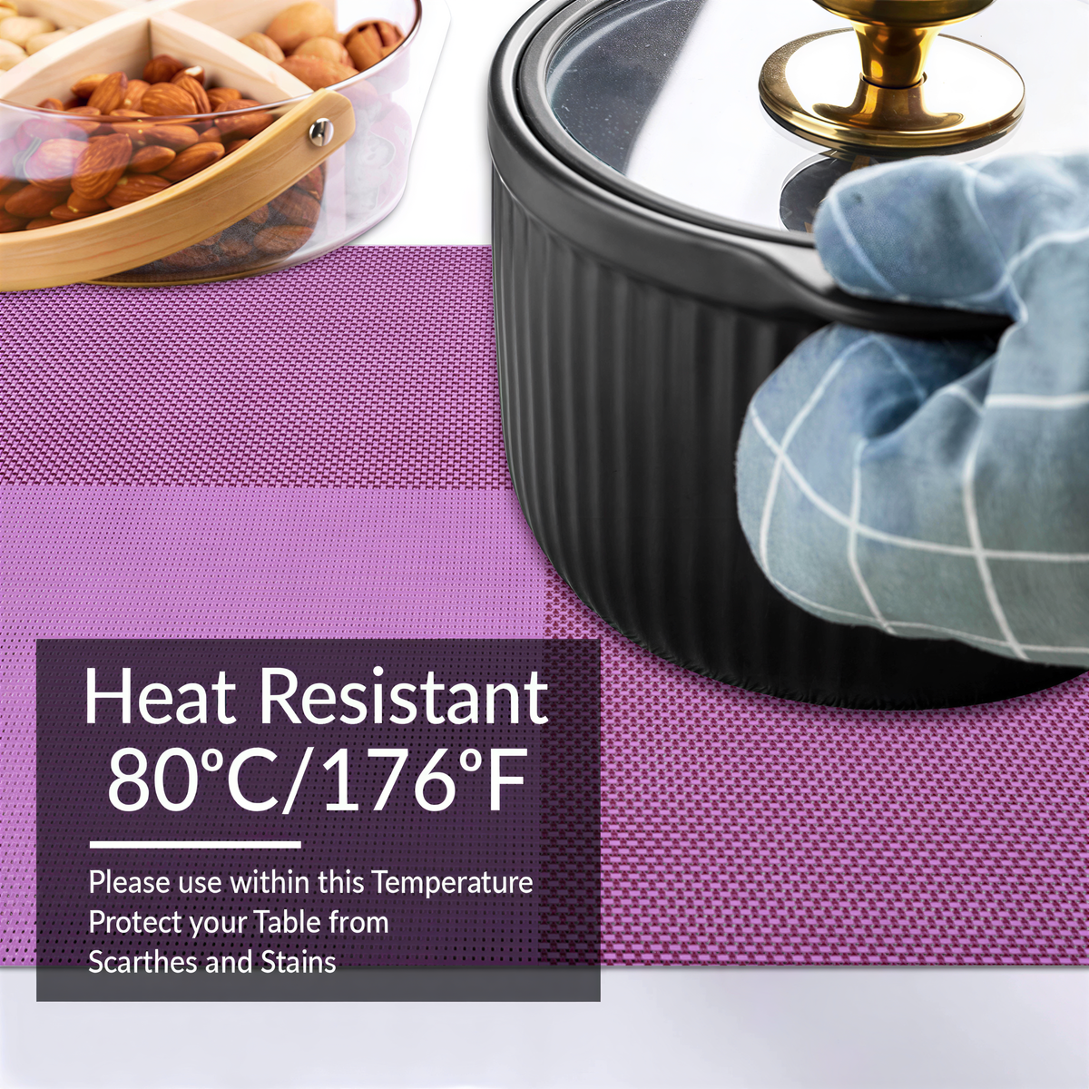 Pink and purple PVC placemats, 18x12 inches, heat resistant, washable, wipeable table protectors for indoor and outdoor use.