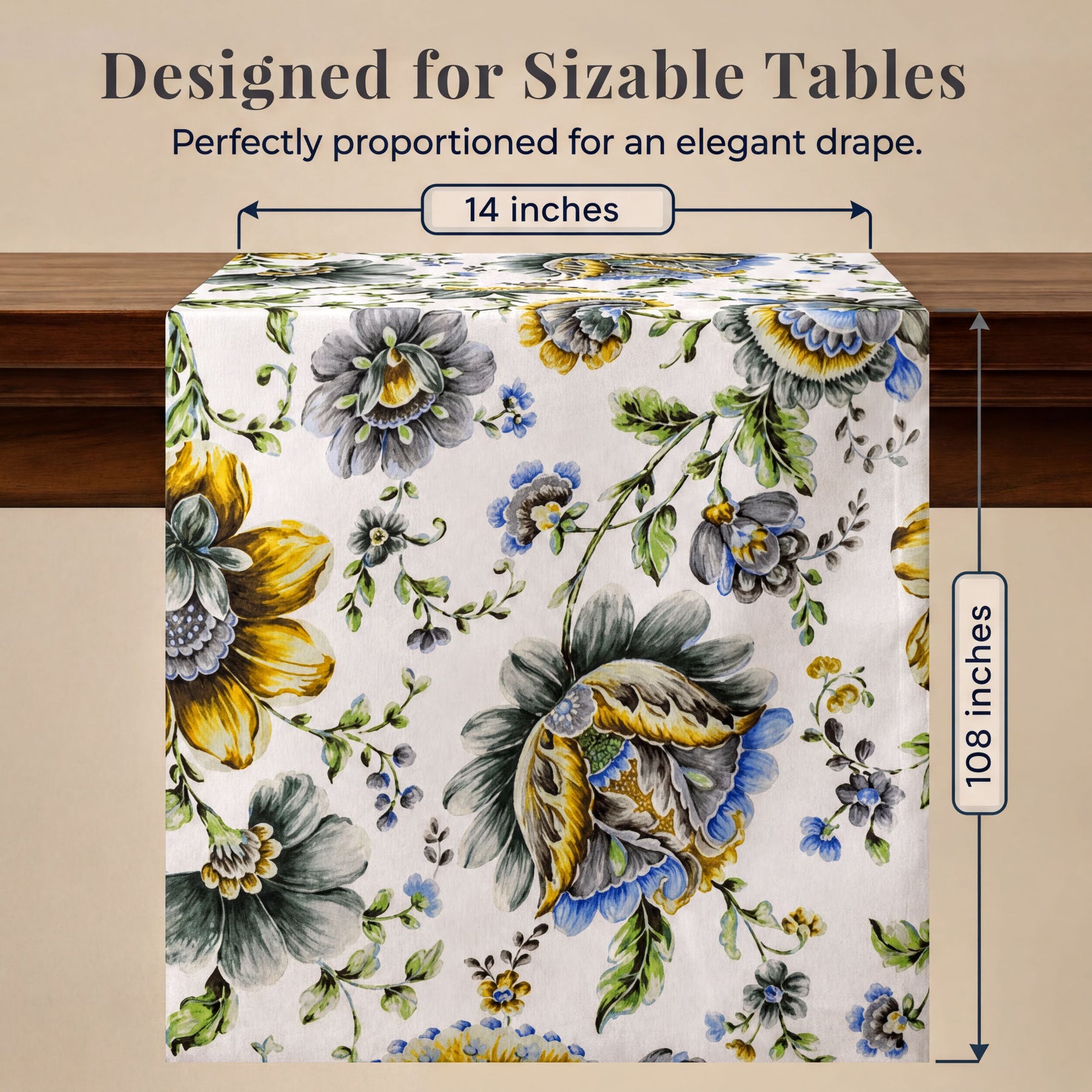 a table runner with a floral pattern, specifically a white table runner with a 14-inch width.