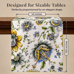 a table runner with a floral pattern, specifically a white table runner with a 14-inch width.
