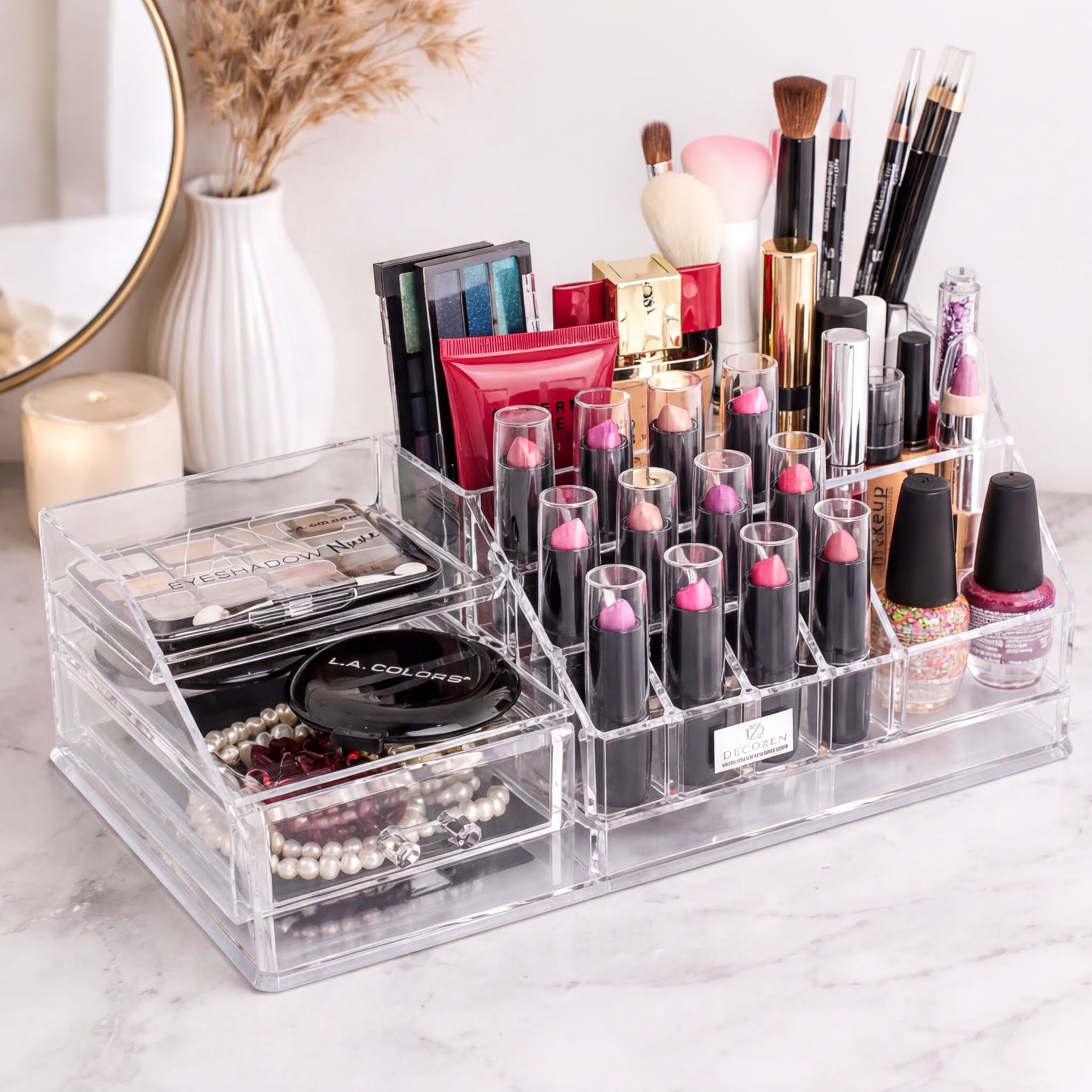 Clear F1215 makeup organiser with 19 slots and 1 drawer, perfect for storing cosmetics and beauty tools.
