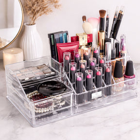 Clear F1215 makeup organiser with 19 slots and 1 drawer, perfect for storing cosmetics and beauty tools.