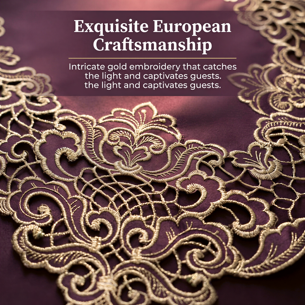 The image is a close-up of an intricate, ornate gold embroidery on a dark purple fabric, showcasing the detailed craftsmanship and the delicate patterns created by the embroidery.