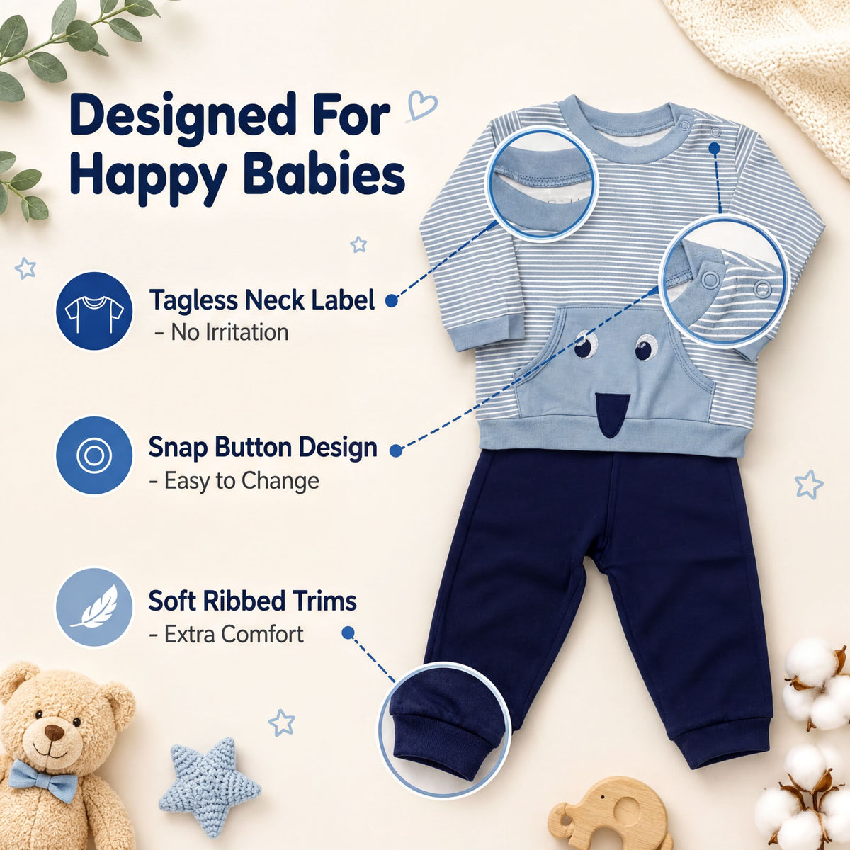 The image is a collage of baby clothing items, including a blue and white striped shirt with a teddy bear, a wooden toy elephant, and a white cotton ball. The image is designed for happy babies, highlighting features such as a tagless neck label, snap button design, soft ribbed trims, and extra comfort.