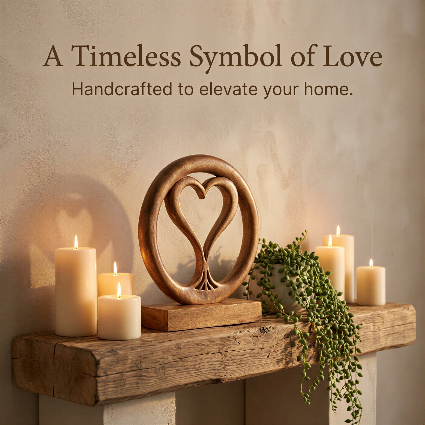 a rustic wooden shelf with a heart-shaped wooden ornament, lit candles, and a potted plant, creating a warm and inviting atmosphere.