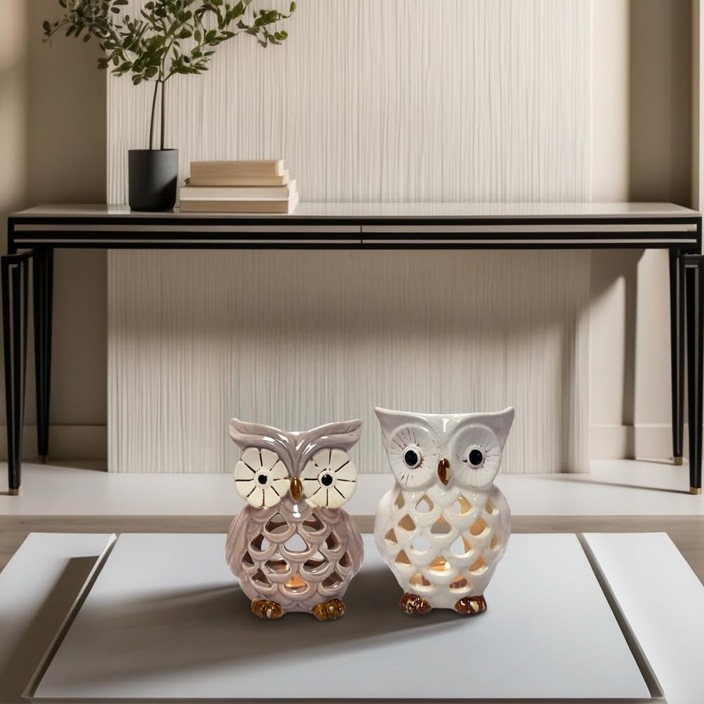 Decozen Lucky Owl Tea Lights and Votive Candle Holders Set of 2 Home Decor for Console Table Centerpiece Patio Dining Living Room Bedroom Office Farmhouse Events Wedding Decorations