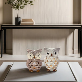Decozen Lucky Owl Tea Lights and Votive Candle Holders Set of 2 Home Decor for Console Table Centerpiece Patio Dining Living Room Bedroom Office Farmhouse Events Wedding Decorations