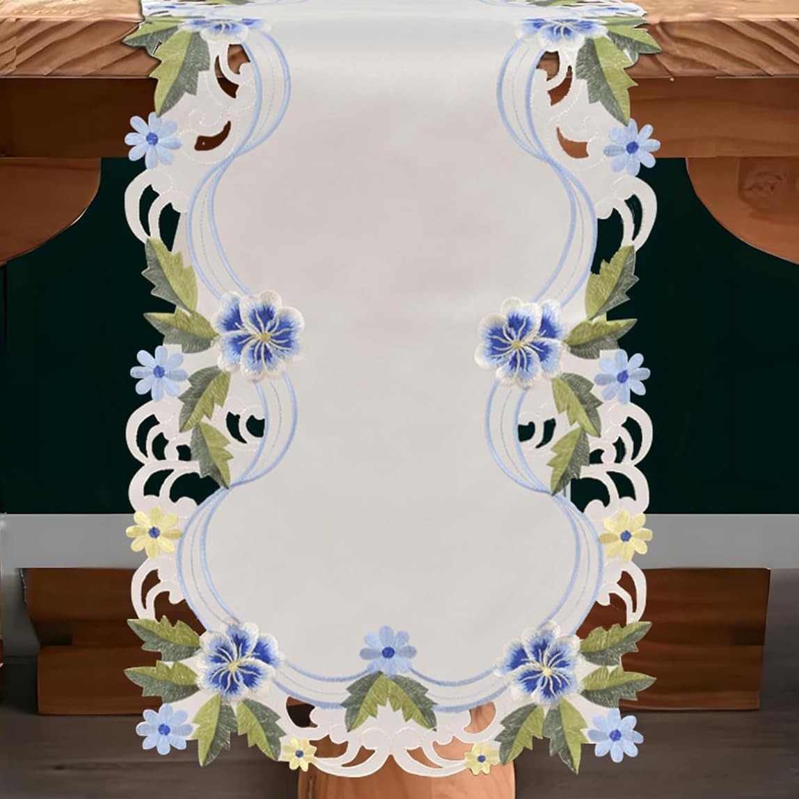 Decozen Blue and Green Lace White Table Runner - European Embroidery Dresser Decor Scarf for Home, Kitchen, Dining, and Wedding - 14 x 108 Inches - Valentines Day Decor - The Eternal Grace Collection
