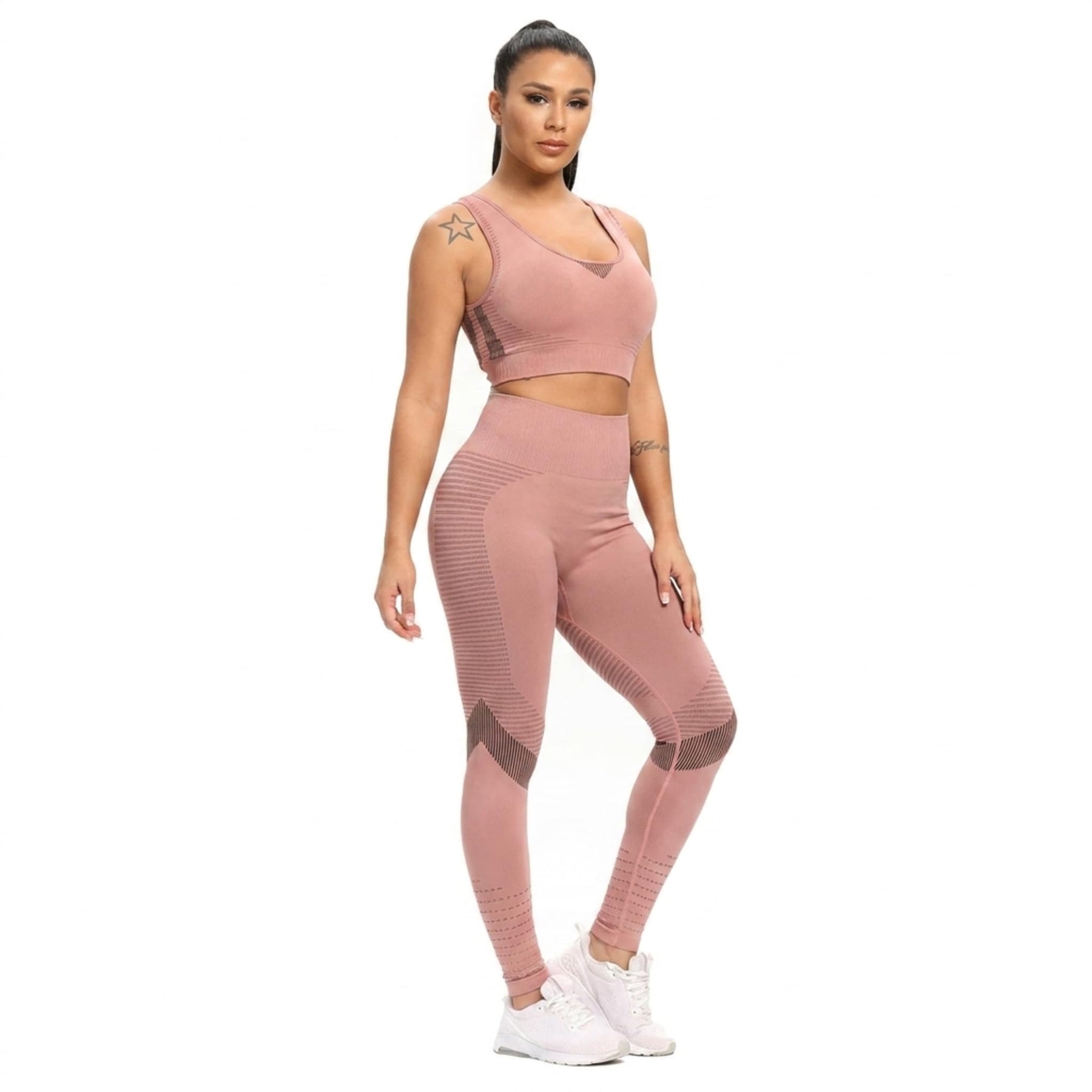 Yogazen Women's Seamless Crop Tank 2-Piece Workout Set – Pink/Brown