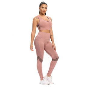 Yogazen Women's Seamless Crop Tank 2-Piece Workout Set – Pink/Brown