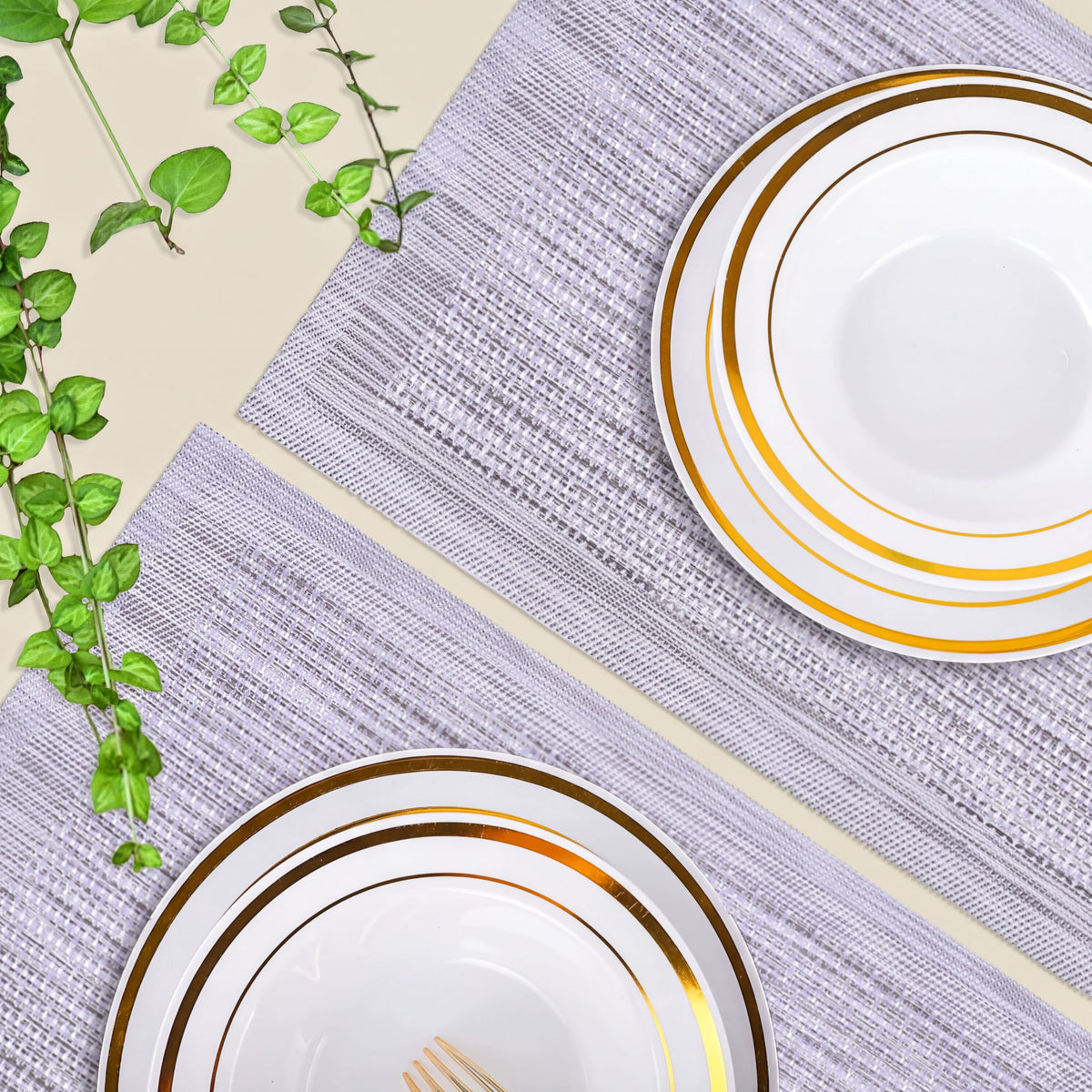 Set of four PVC placemats for dining table, durable and easy to clean, by brand 31730, showing colorful, textured surface.