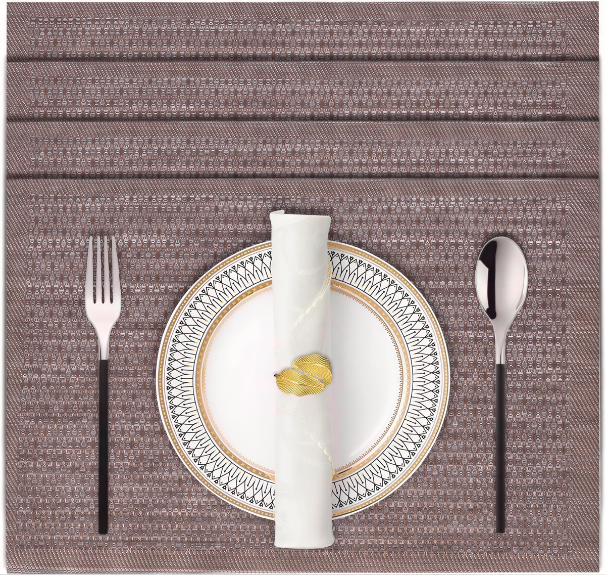 Brown and gold PVC placemats, heat-resistant and washable, designed for indoor and outdoor table protection and decor.
