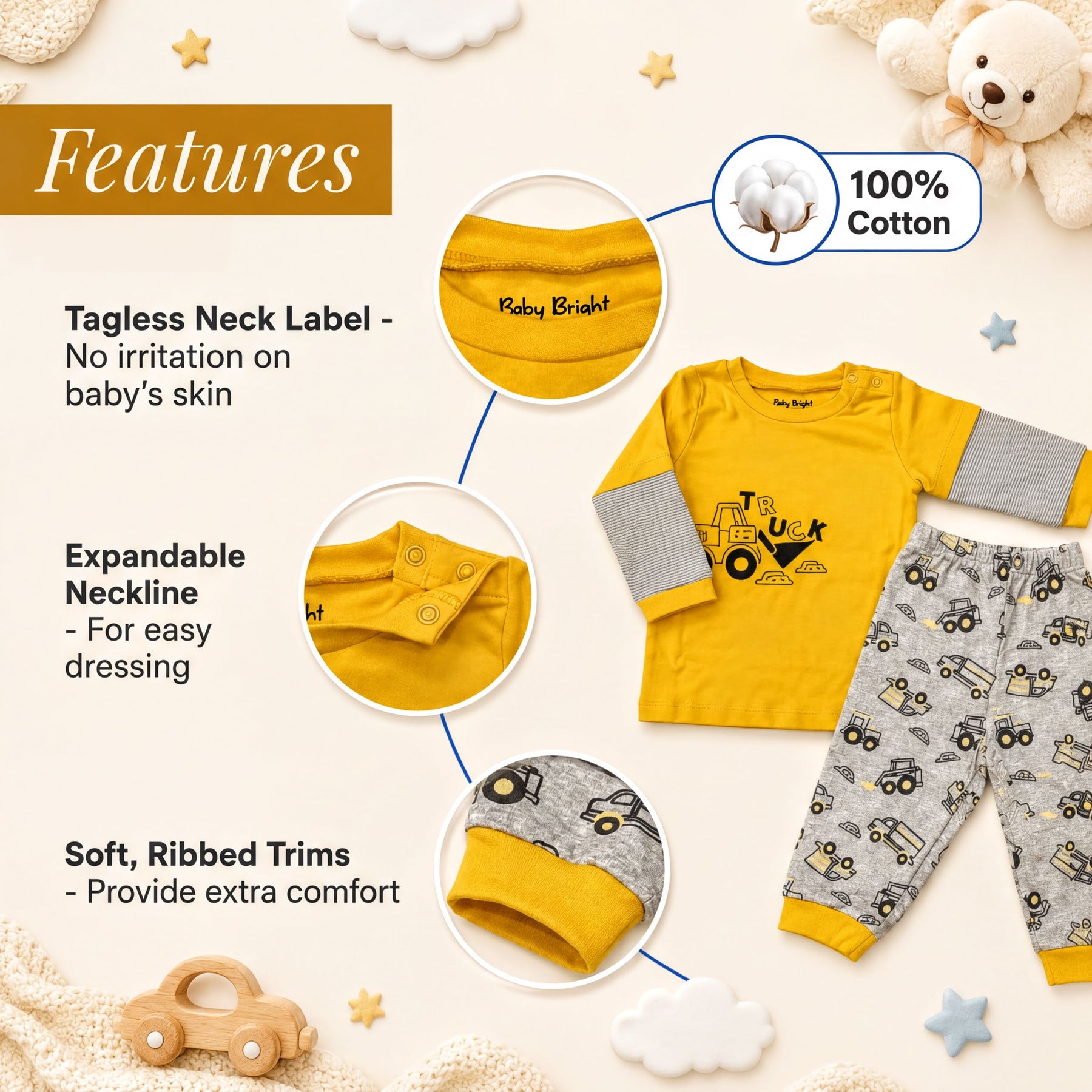 The image is a collage of various baby clothing items, including a yellow long-sleeved shirt with a tractor design, a yellow and gray pajama set, and a yellow and gray striped shirt. The image also includes a teddy bear and some stars.