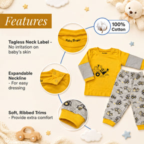 The image is a collage of various baby clothing items, including a yellow long-sleeved shirt with a tractor design, a yellow and gray pajama set, and a yellow and gray striped shirt. The image also includes a teddy bear and some stars.