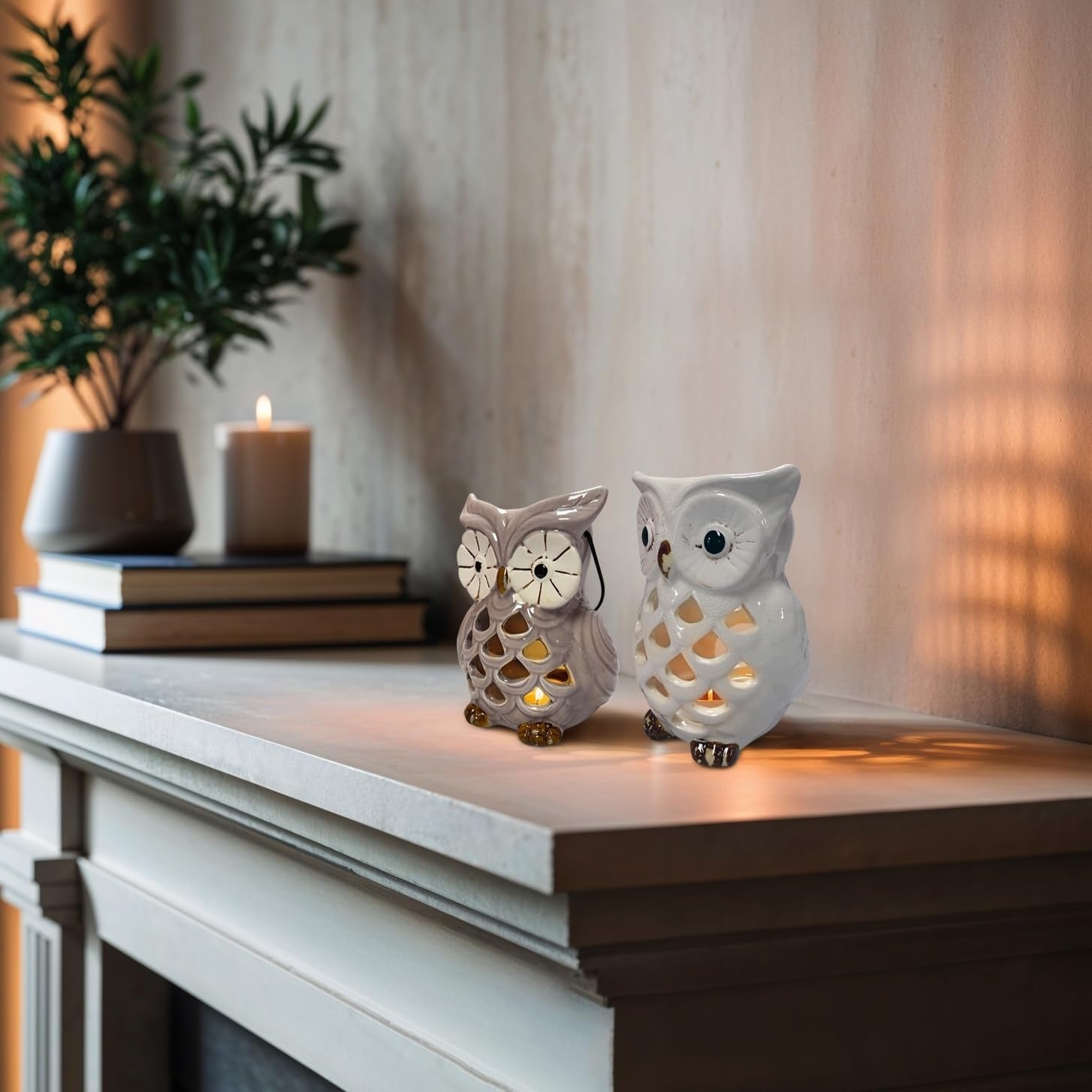 Decozen Lucky Owl Tea Lights and Votive Candle Holders Set of 2 Home Decor for Console Table Centerpiece Patio Dining Living Room Bedroom Office Farmhouse Events Wedding Decorations