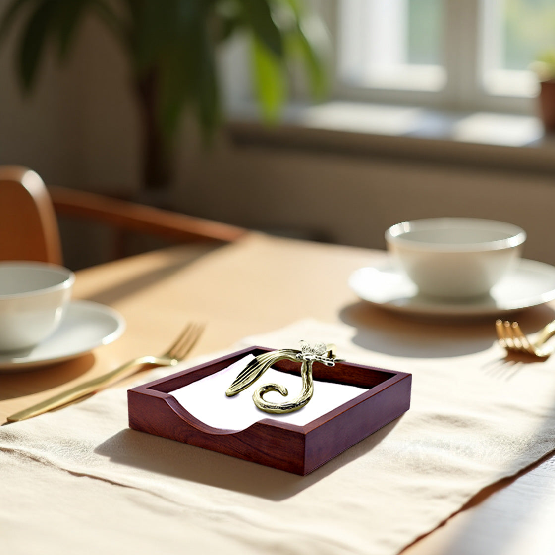 Solid Wood Napkin Holder with Silver and Gold Finish Ornament