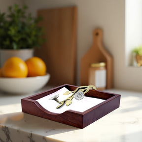 Solid Wood Napkin Holder with Silver and Gold Finish Ornament
