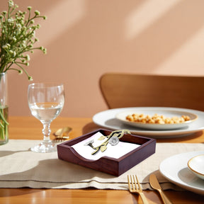 Solid Wood Napkin Holder with Silver and Gold Finish Ornament