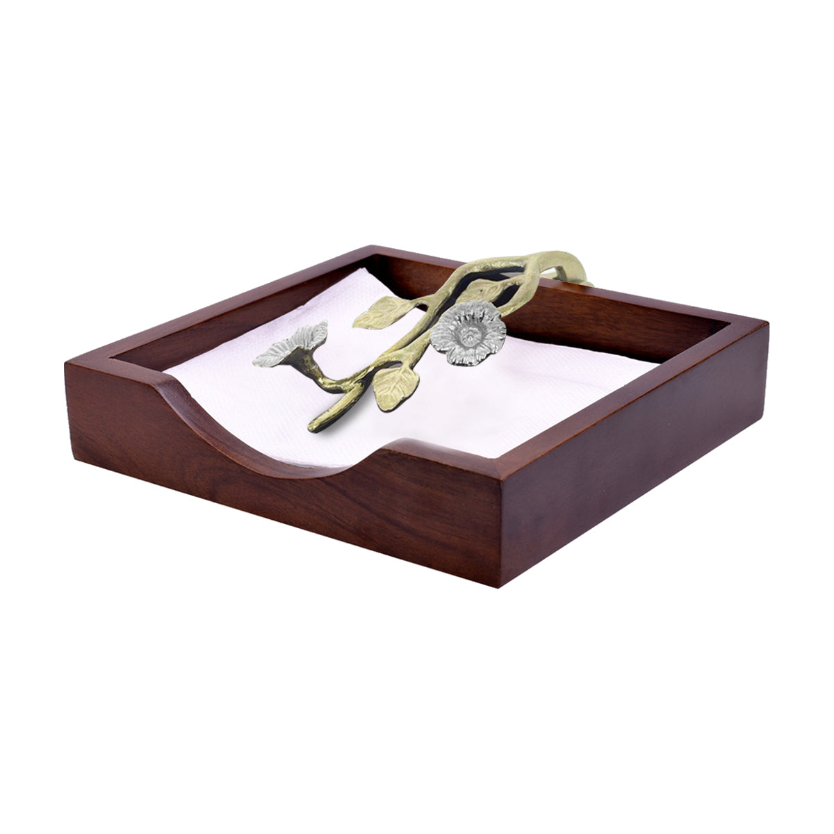 Solid Wood Napkin Holder with Silver and Gold Finish Ornament