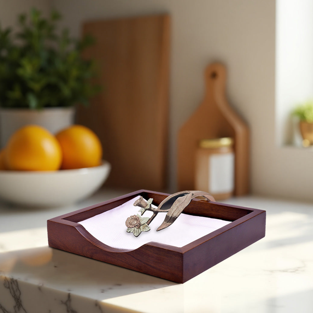 Solid Wood Napkin Holder with Rose Gold Finish Ornament