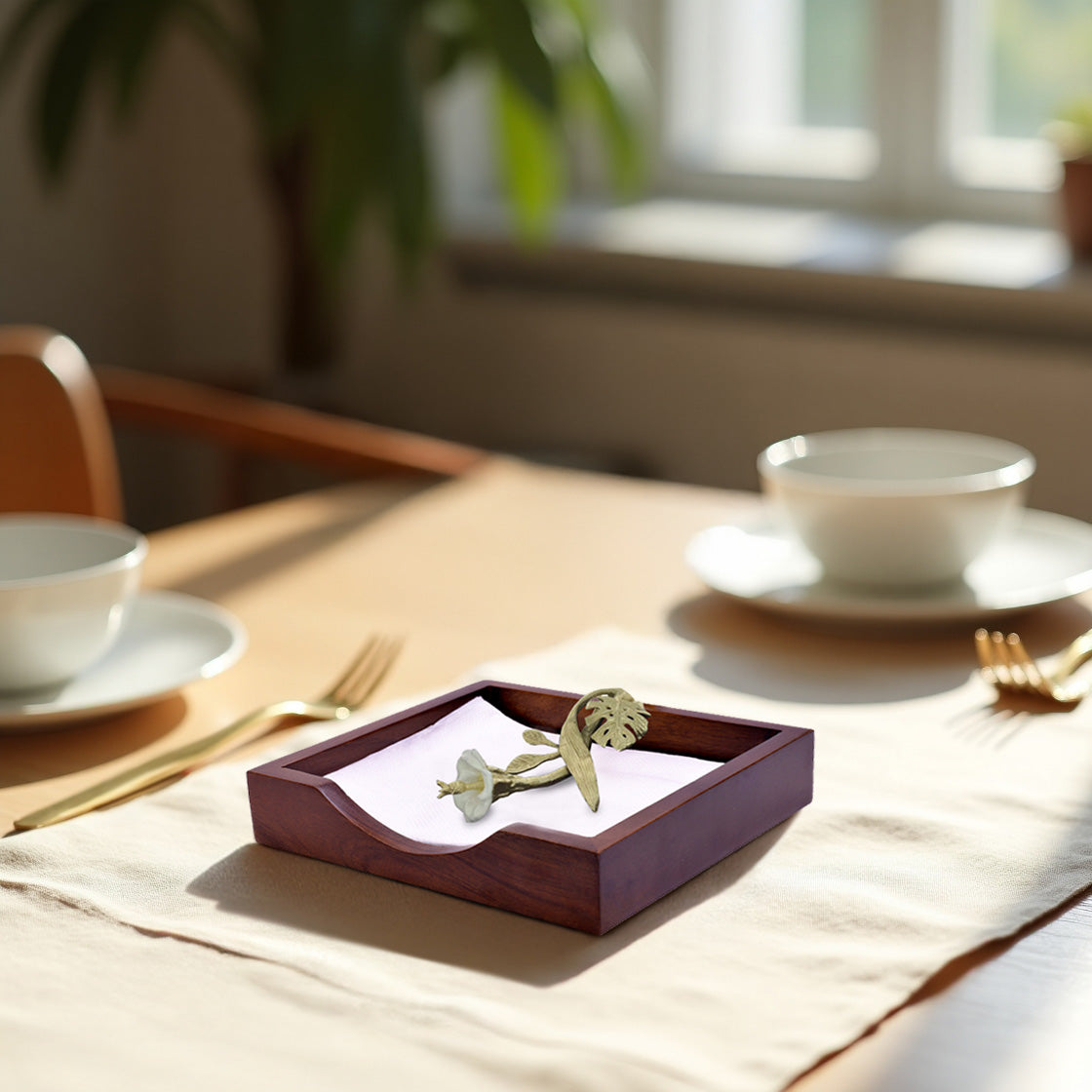 Solid Wood Napkin Holder with Gold Finish Ornament