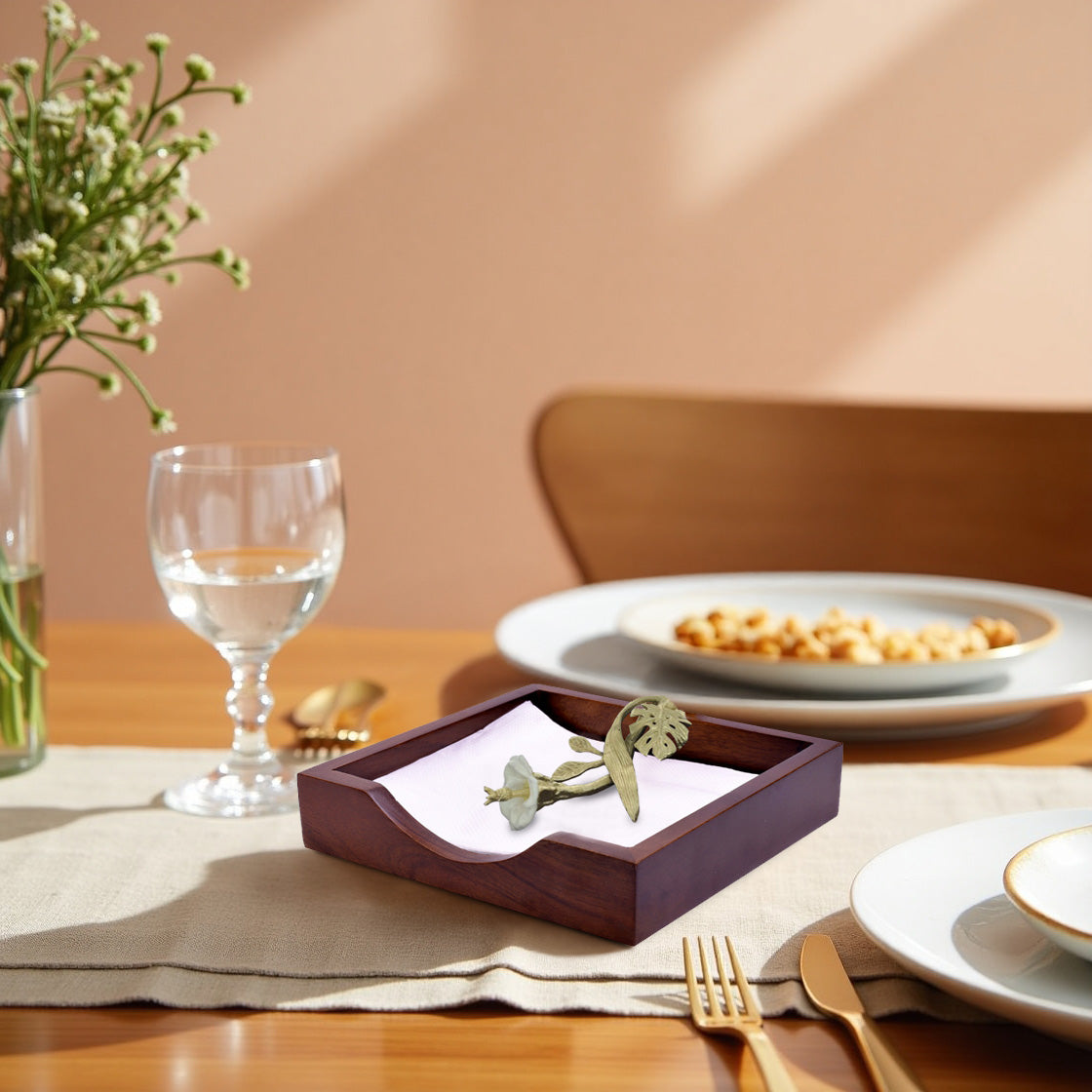 Solid Wood Napkin Holder with Gold Finish Ornament