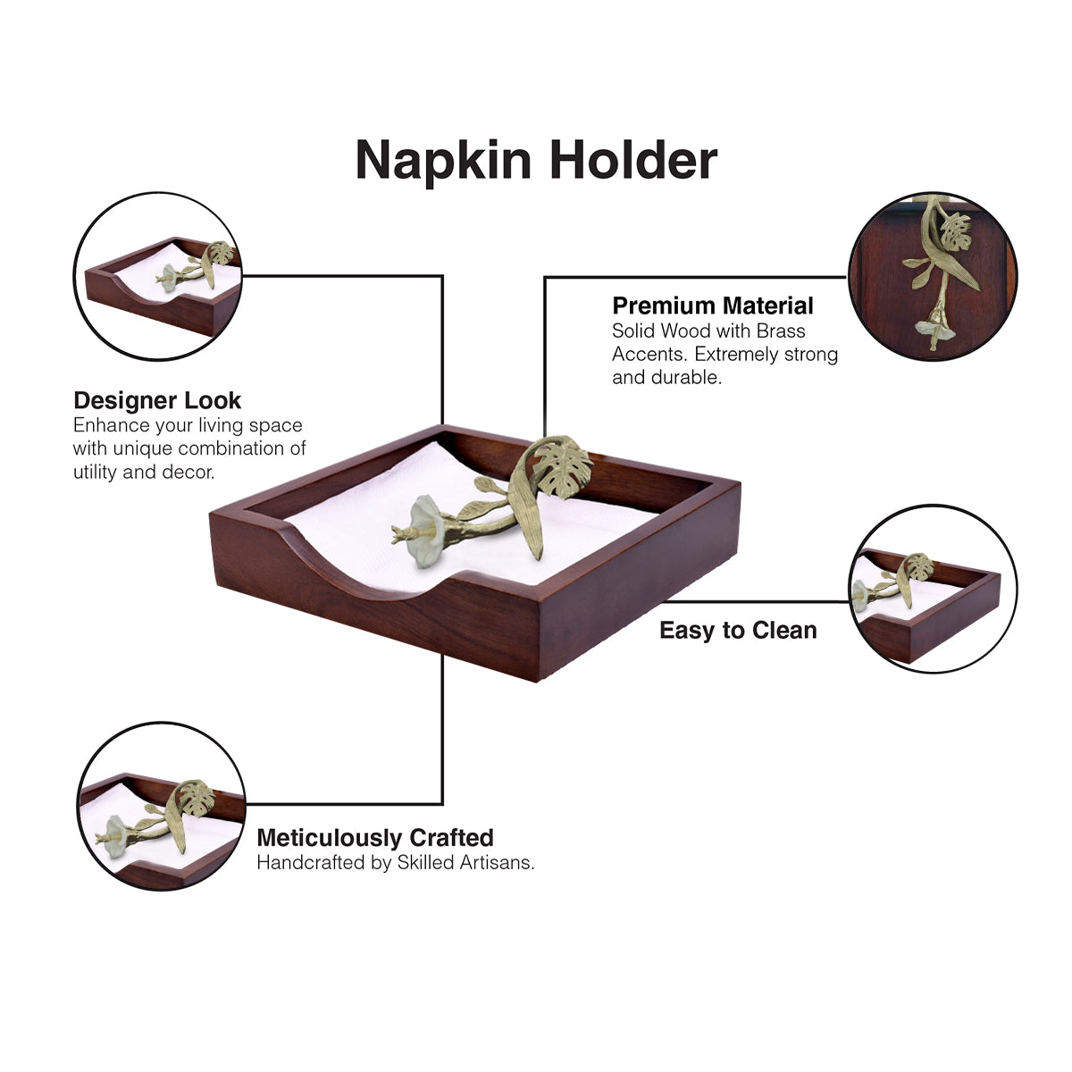 Solid Wood Napkin Holder with Gold Finish Ornament