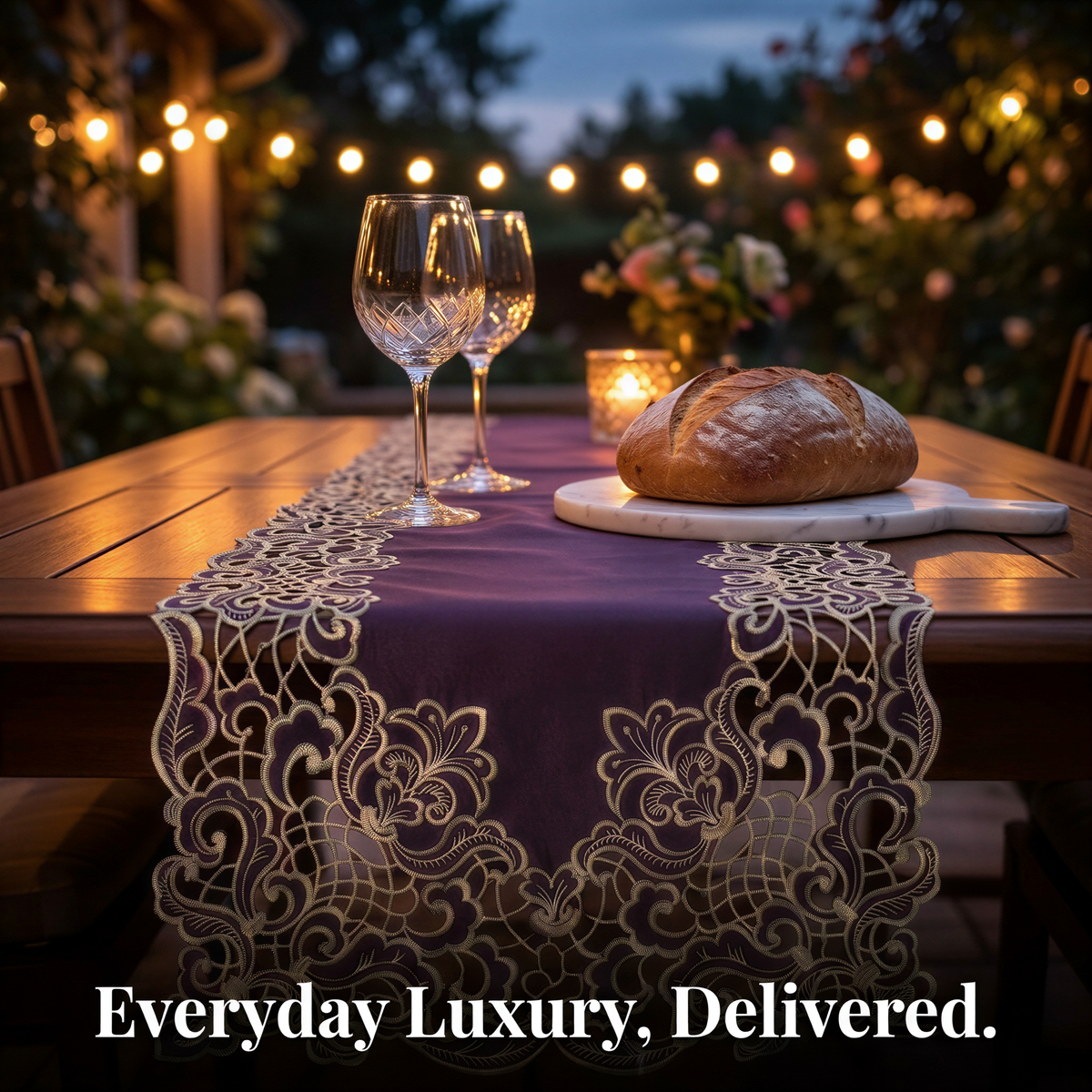a table set for a meal, with two wine glasses, a loaf of bread, and a candle on a lace runner. The table is set against a backdrop of a garden at night, with string lights illuminating the scene.
