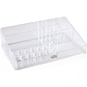 Clear F1047A makeup and jewelry organizer with 21 slots, perfect for storing cosmetics and accessories neatly.