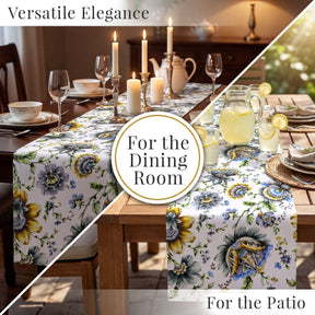 The image is a collage of two separate images. The first image shows a dining room with a floral table runner, candles, and place settings. The second image shows a patio setting with a similar floral table runner, candles, and place settings.