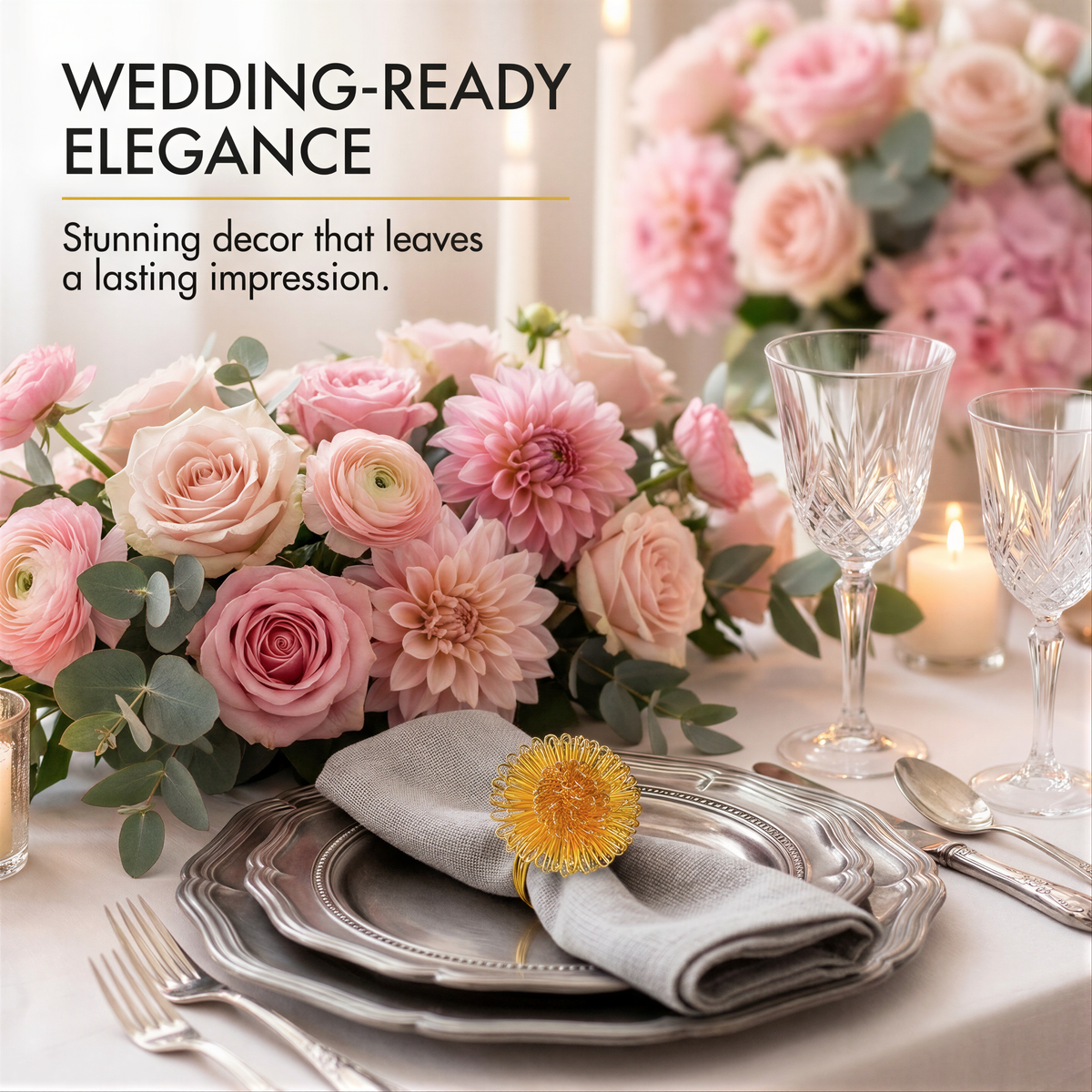 The image showcases a beautifully arranged table setting for a wedding reception, featuring a floral centerpiece, crystal wine glasses, and elegant place settings.