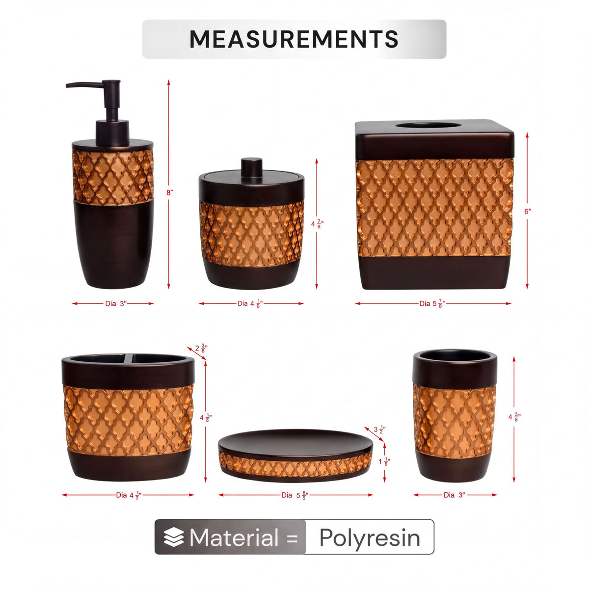 Set of six modern bathroom décor accessories from The Wally Collection by AH7006, featuring sleek, elegant design for contemporary bathrooms.