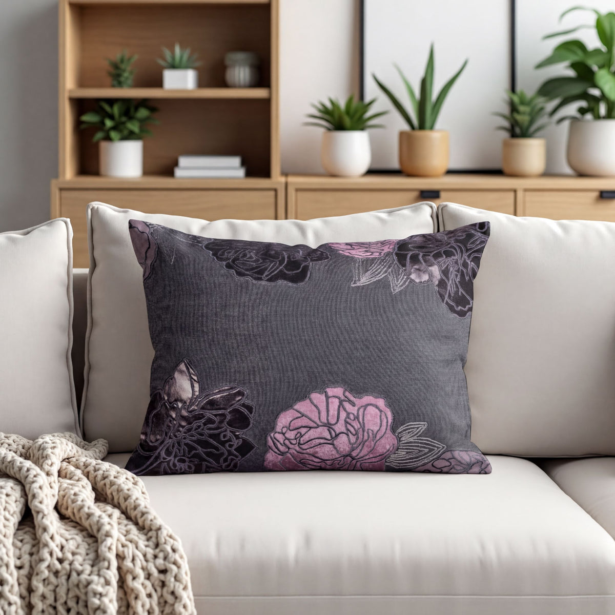 Set of gray throw pillow covers from CU6303-35-4, 14x20 inches, shown in a home decor setting.