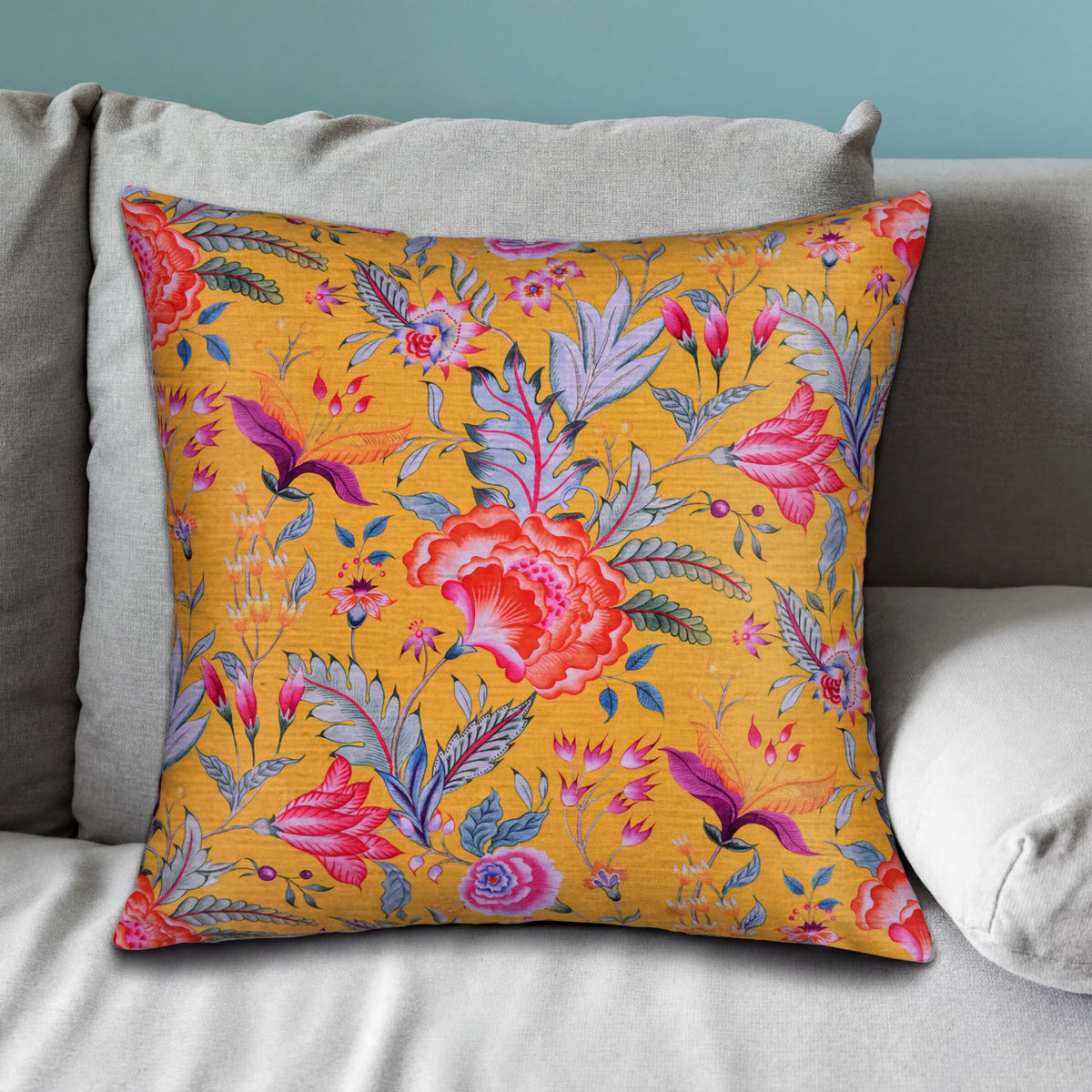 Floral printed throw pillow cover by CC-9695-A-4, 20x20 inches, showcasing colorful floral design on fabric.