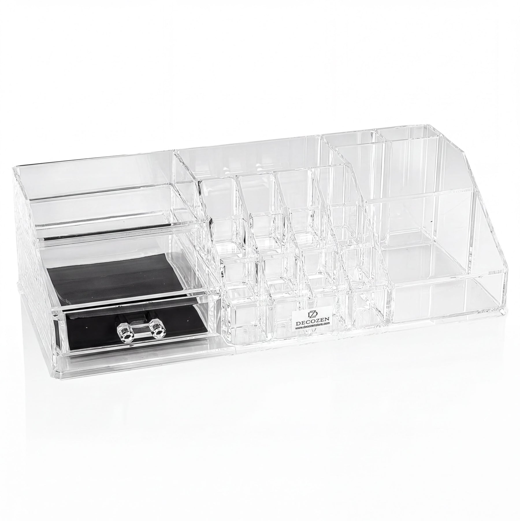 Clear F1215 makeup organizer with 19 slots and 1 drawer, perfect for storing cosmetics and beauty essentials.