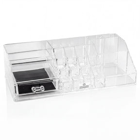 Clear F1215 makeup organizer with 19 slots and 1 drawer, perfect for storing cosmetics and beauty essentials.