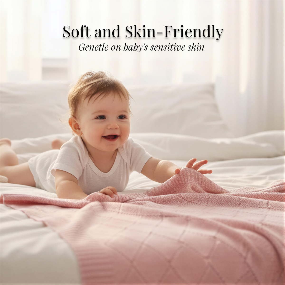 A smiling baby in a white onesie lying on a bed with a pink blanket.