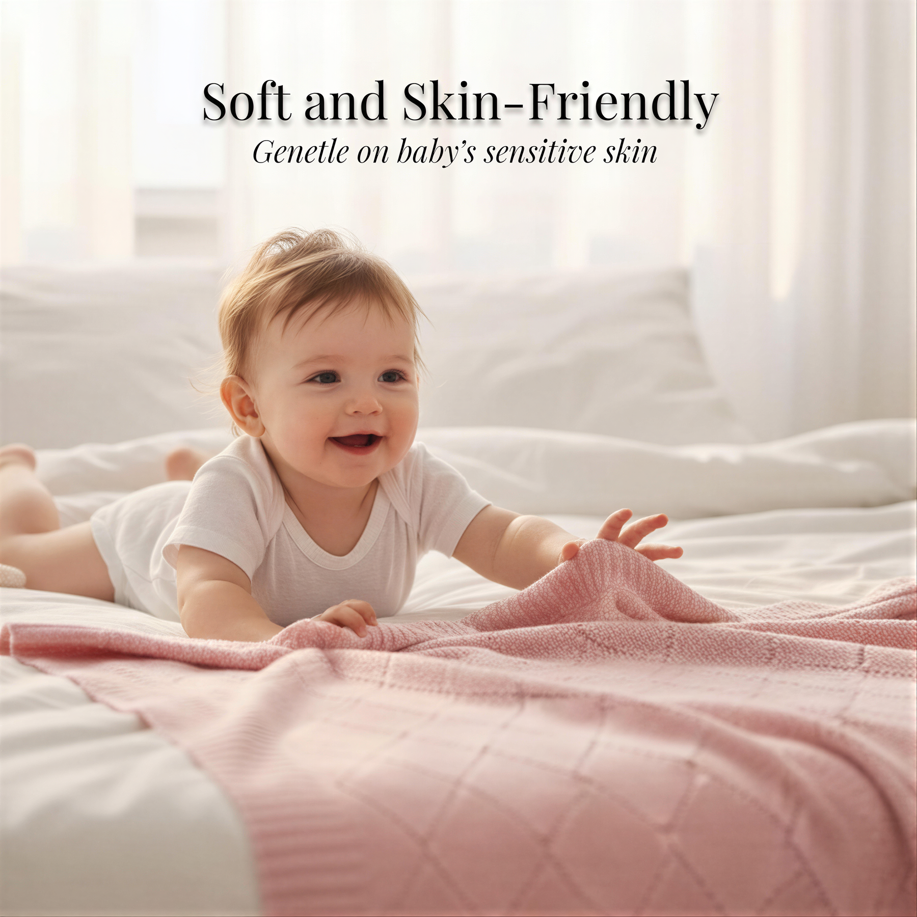 A smiling baby in a white onesie lying on a bed with a pink blanket.