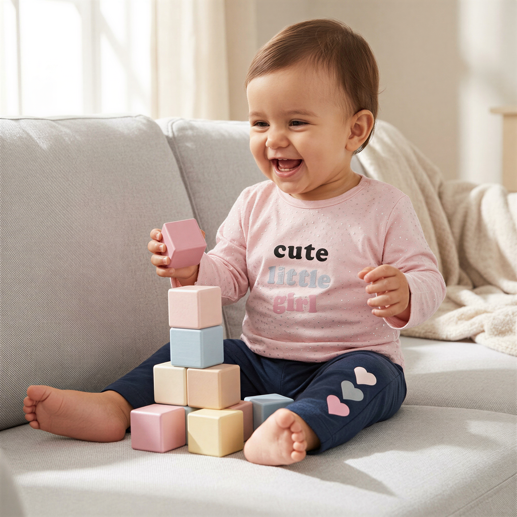 A smiling baby girl sitting on a couch and playing with colorful blocks.