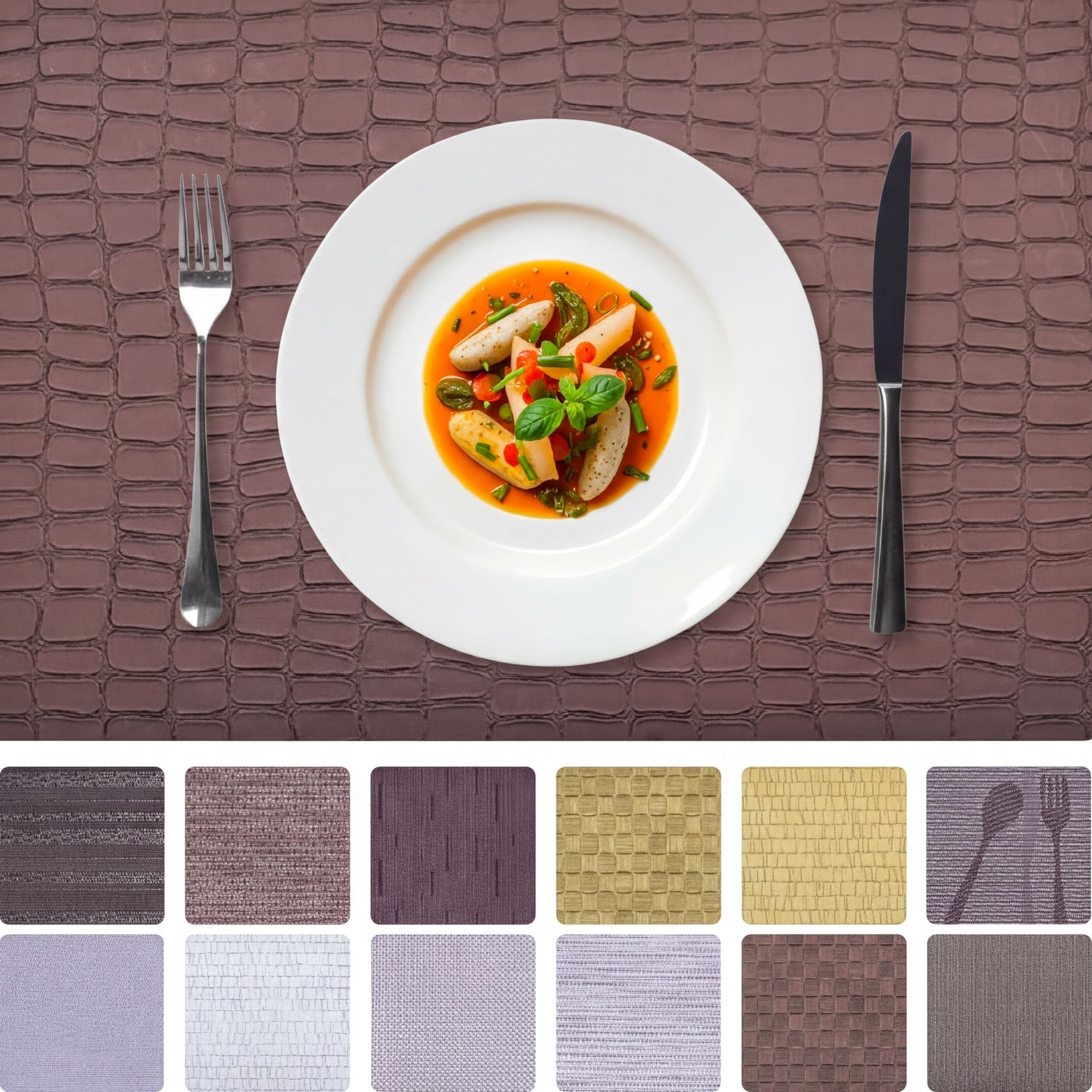 Set of 4 and 6 PVC placemats by 618EVA-7-17-4, showcasing colorful, durable PVC placemats on a dining table.