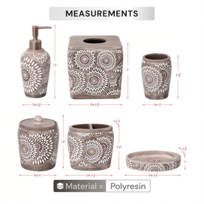 Set of six elegant modern bathroom décor accessories from HG175's Ciccone Collection, including soap dispensers and holders.