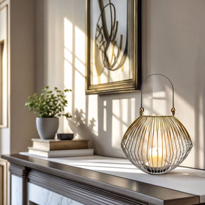 White and gold candle holder lantern from CA9942-MB, decorative candle lantern with elegant design for ambient lighting.
