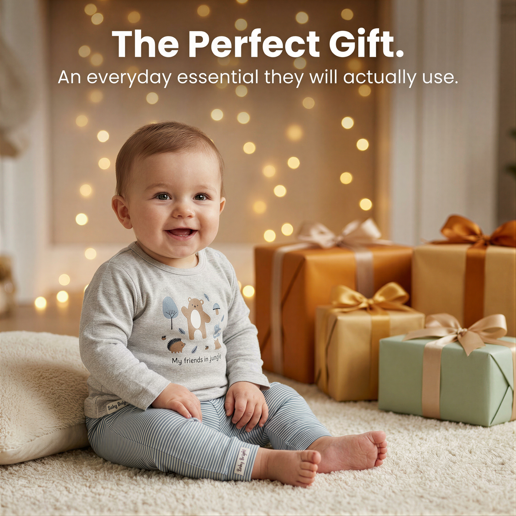 A smiling baby sitting on a carpet surrounded by wrapped gifts, with a background of twinkling lights.