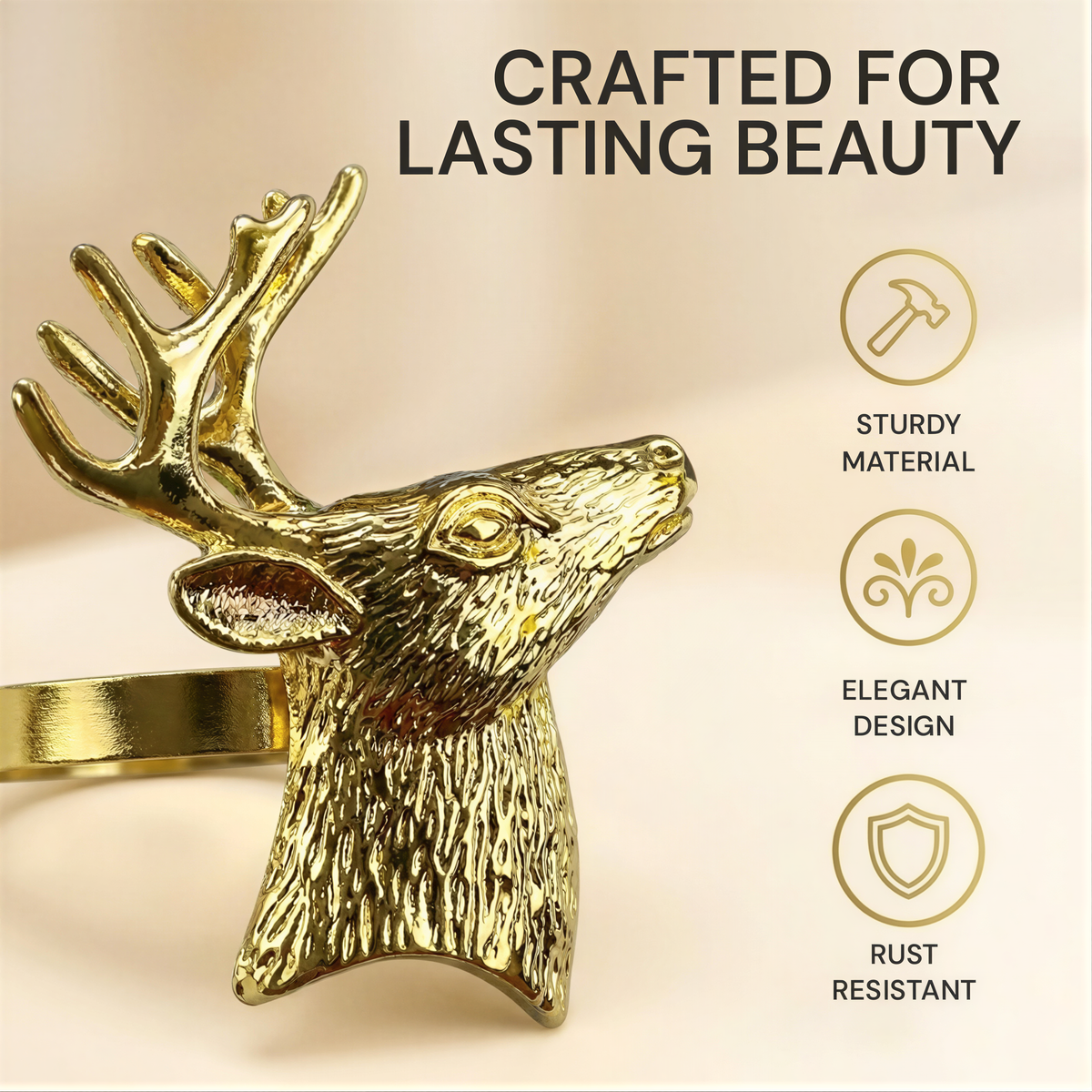 a gold-colored metal ring with a deer head design, accompanied by text highlighting the ring's features.